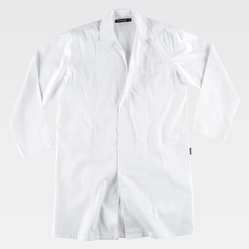 Bata con cierre de velcro y bolsillo interior.  Color blanco