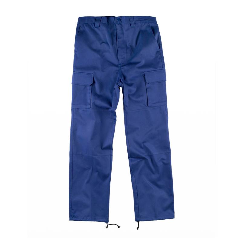 Calças com reforço no assento e nos joelhos, sem cós elástico, multibolsos.