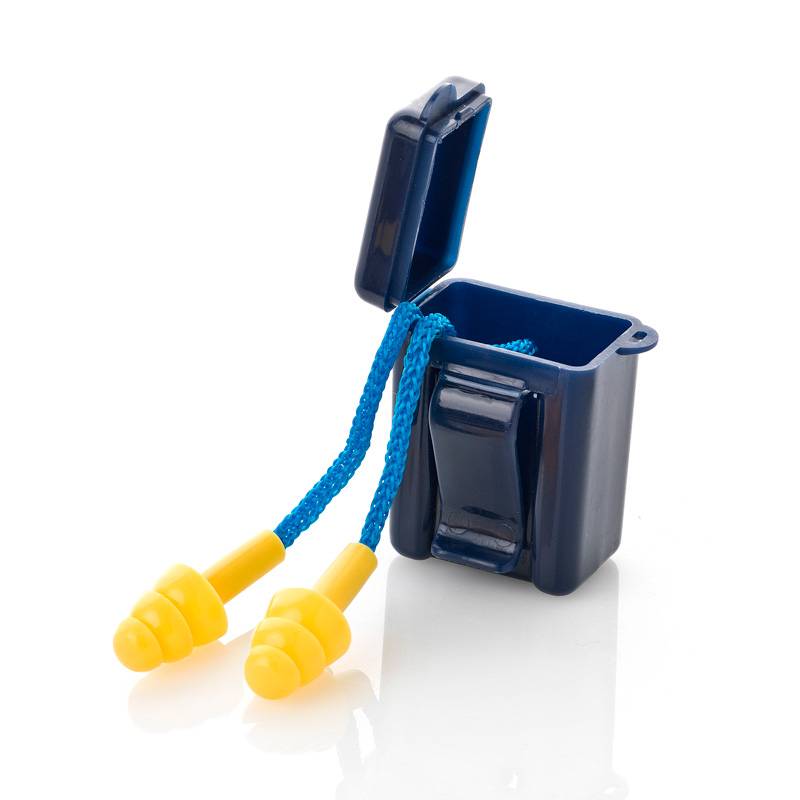 Tapón auditivo de silicona reutilizable con cordón.