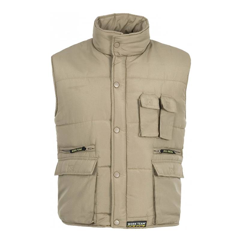 Chaleco acolchado y multibolsillos, con cortavientos en mangas. 100% poliéster