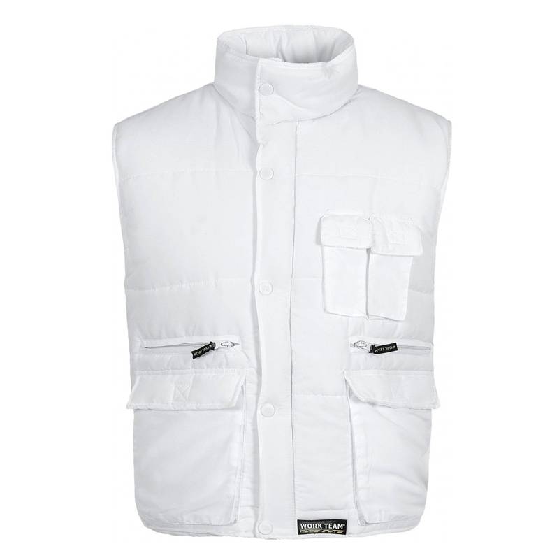 Chaleco acolchado y multibolsillos, con cortavientos en mangas. 100% poliéster