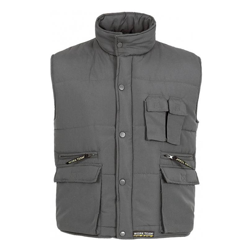 Chaleco acolchado y multibolsillos, con cortavientos en mangas. 100% poliéster