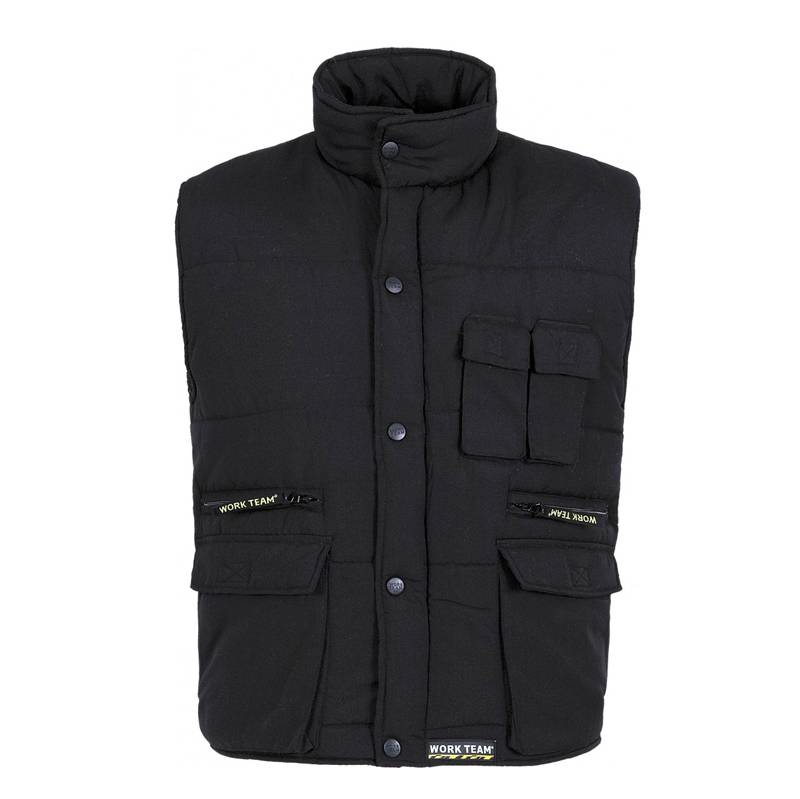 Chaleco acolchado y multibolsillos, con cortavientos en mangas. 100% poliéster