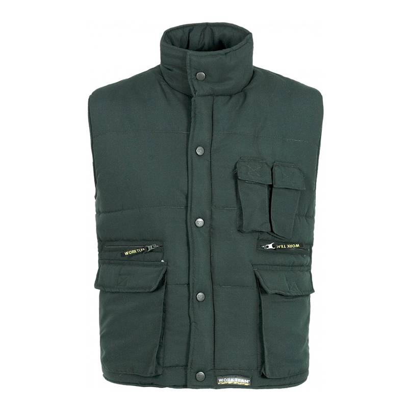 Chaleco acolchado y multibolsillos, con cortavientos en mangas. 100% poliéster
