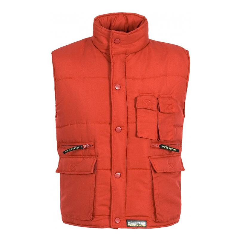 Chaleco acolchado y multibolsillos, con cortavientos en mangas. 100% poliéster