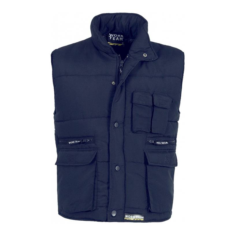 Chaleco acolchado y multibolsillos, con cortavientos en mangas. Color marino. 100% poliéster