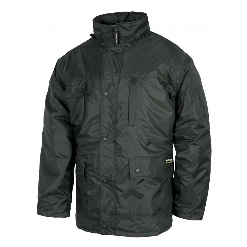 Parka básica acolchada e impermeable, capucha. 100% poliéster.