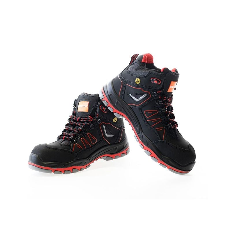 Bota ESD S3 de nobuck negra con refuerzo rojo, suela HRO 300ºC – ERANDIO SAFETOP 248