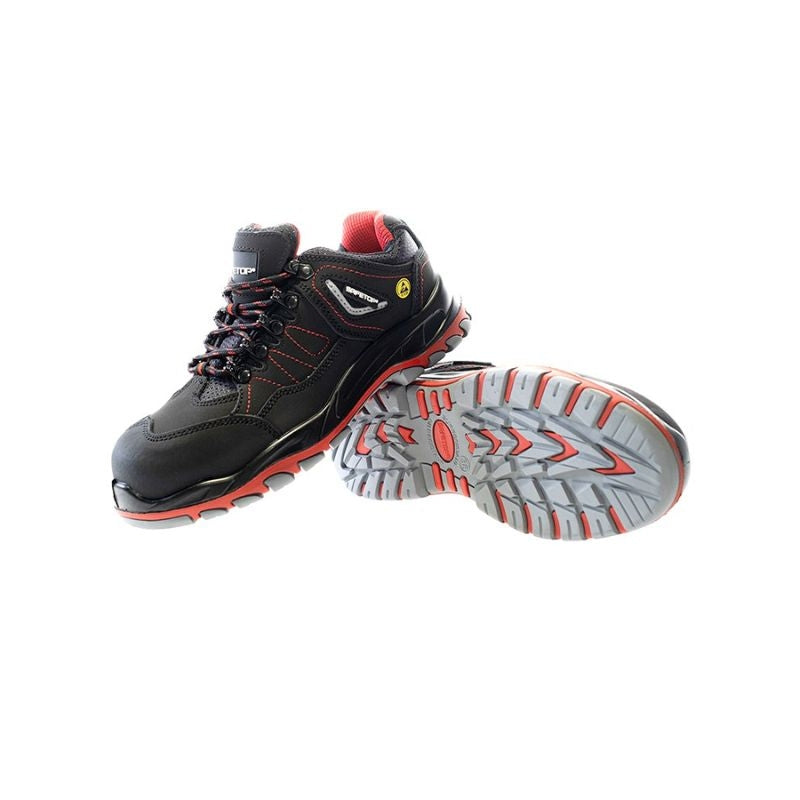 Zapato ESD S3 nobuck negro con detalles rojos, suela HRO 300ºC – BAKIO SAFETOP 250