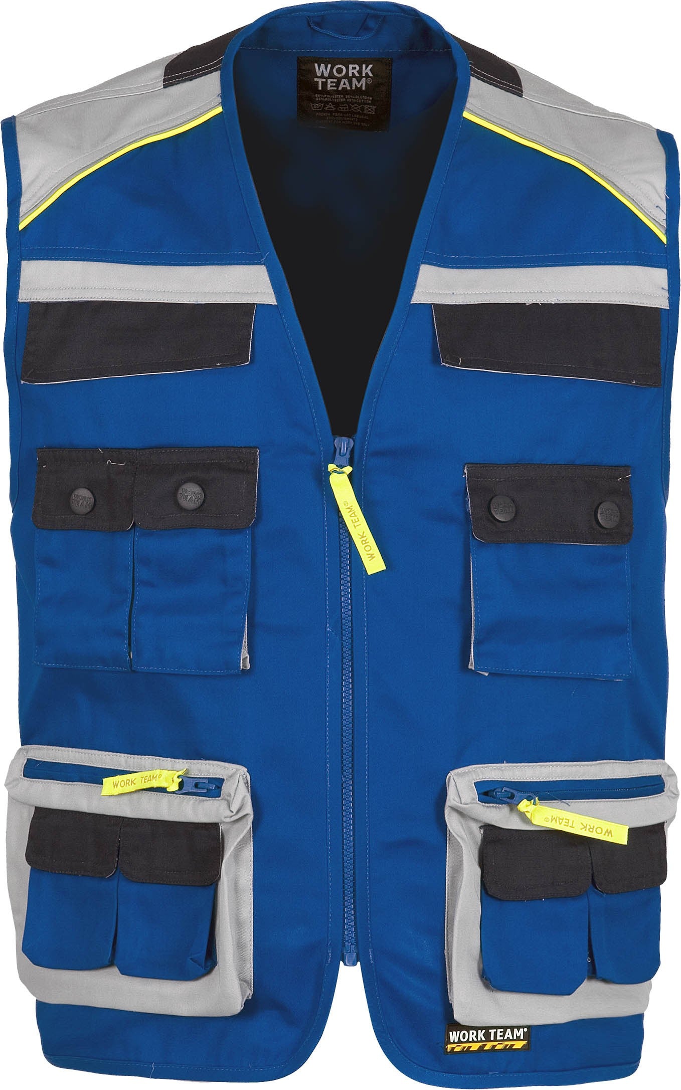 Chaleco, tipo safari, con cierre de cremallera de nylon. Escote a pico.