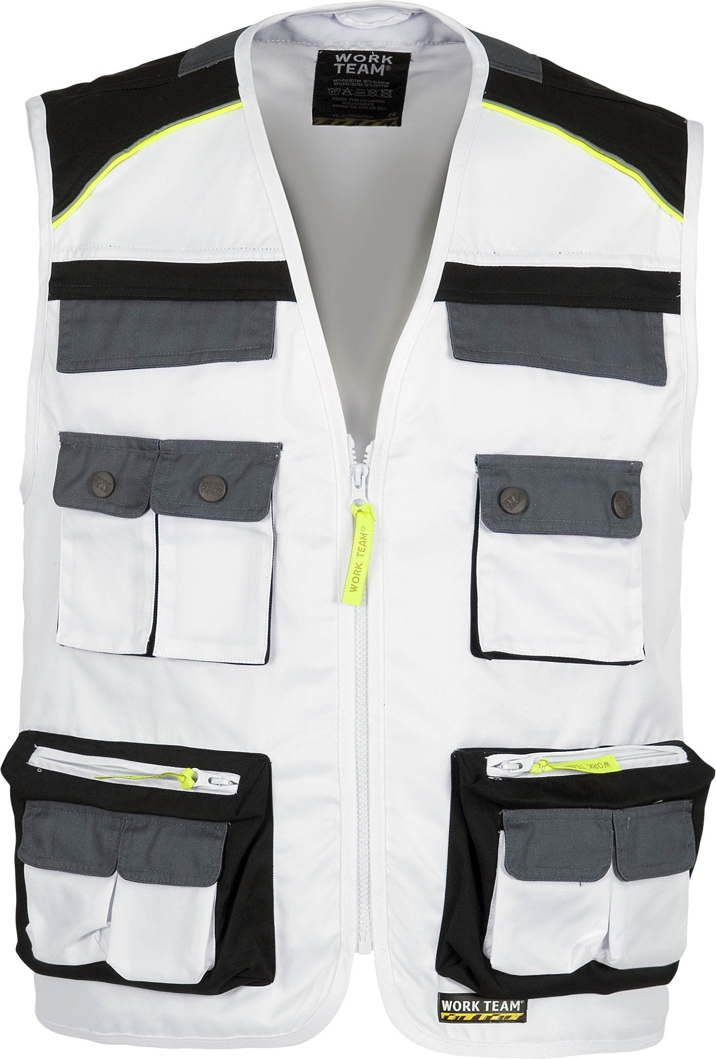 Chaleco, tipo safari, con cierre de cremallera de nylon. Escote a pico.