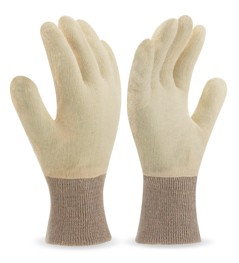 Guante de punto de algodón , puño elástico. Pack 12 unidades.  Ideal para trabajos de especial sensibilidad y también para usar