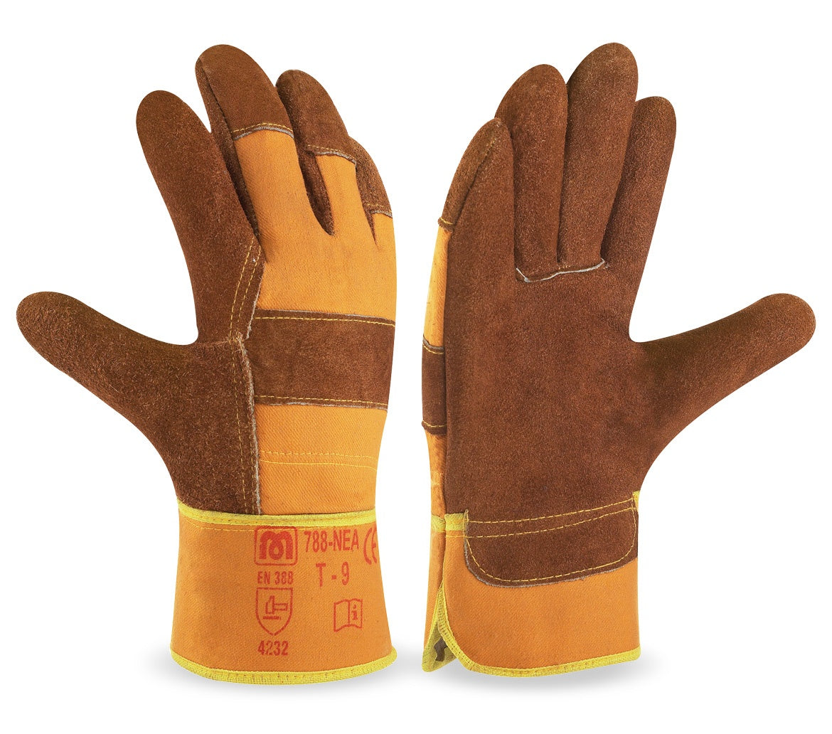 Guante de trabajo mixto de serraje vacuno 1ª color marrón, manguito rígido