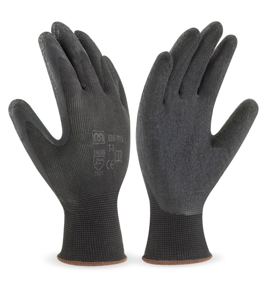 Guante de nylon color negro con recubrimiento de látex en color negro MA688-NYL