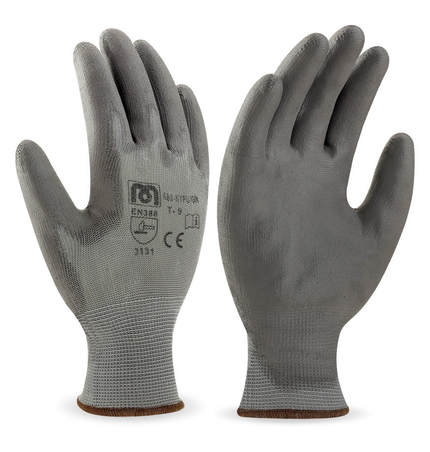 Guante de trabajo de nylon sin costuras, con poliuretano gris en palma y dedos