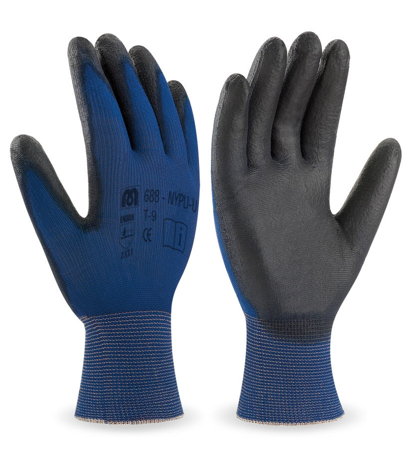 Guante de nylon ultra-fino recubrimiento poliuretano color negro MA688-NYPU/U