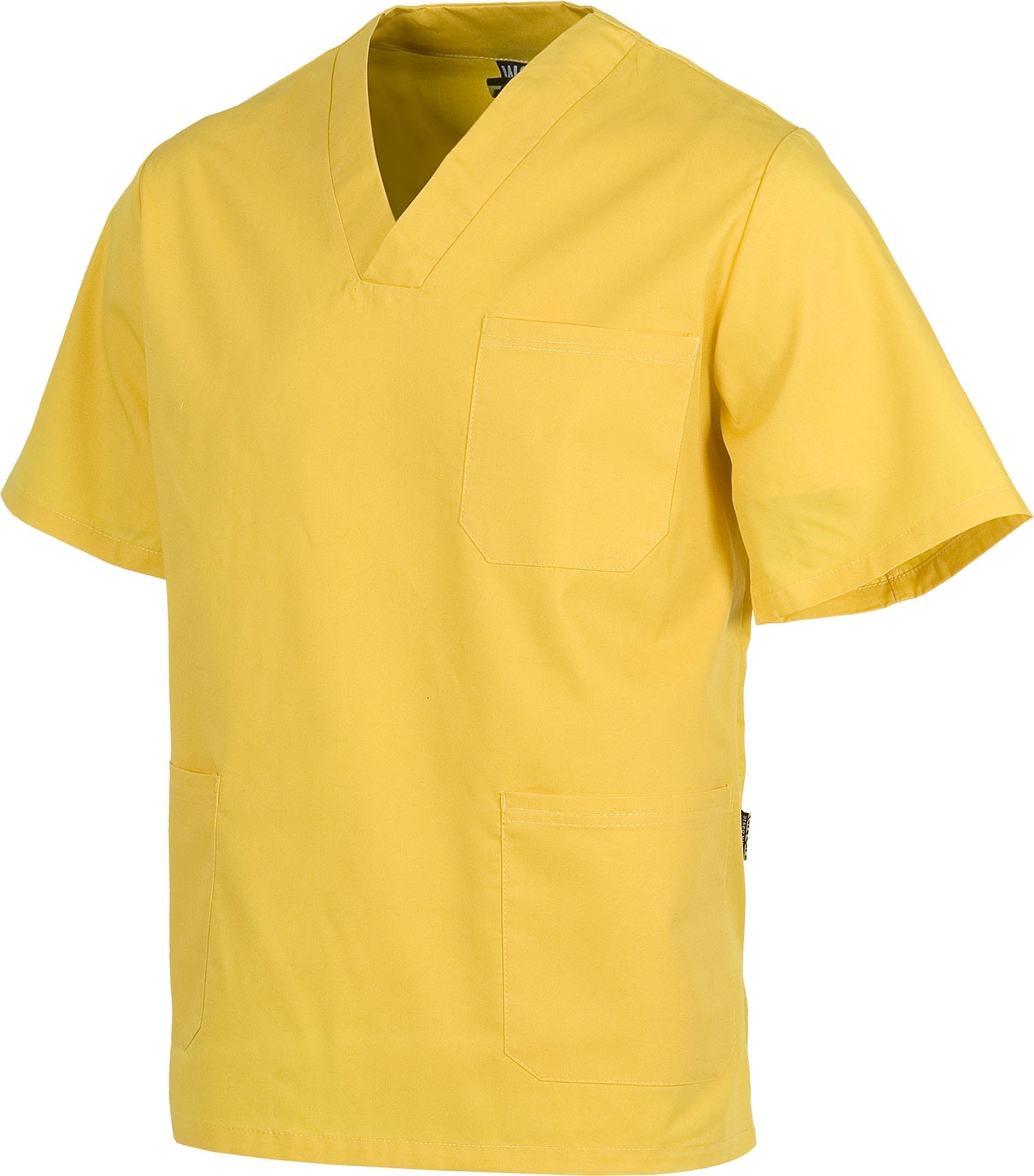 Casaca sanitario cuello de pico manga corta. Un bolsillo de pecho, dos bolsillos bajos. WTB9200