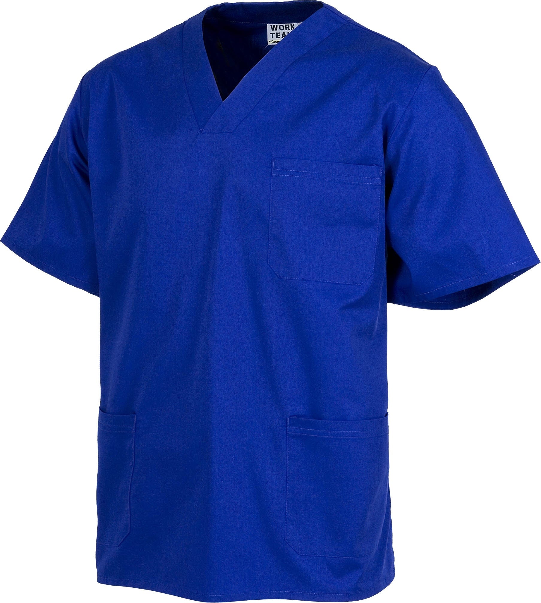 Casaca sanitario cuello de pico manga corta. Un bolsillo de pecho, dos bolsillos bajos. WTB9200