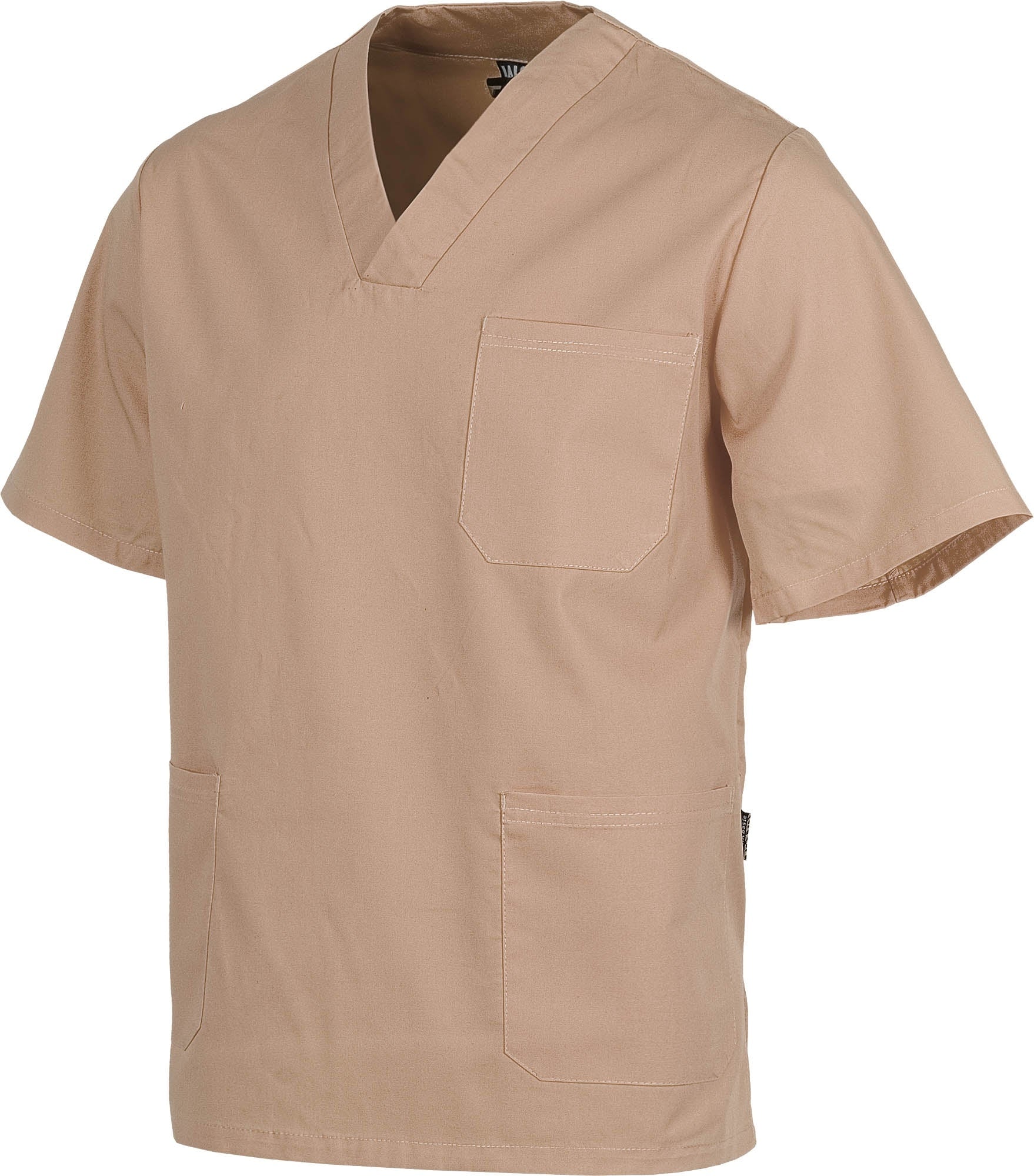 Casaca sanitario cuello de pico manga corta. Un bolsillo de pecho, dos bolsillos bajos. WTB9200