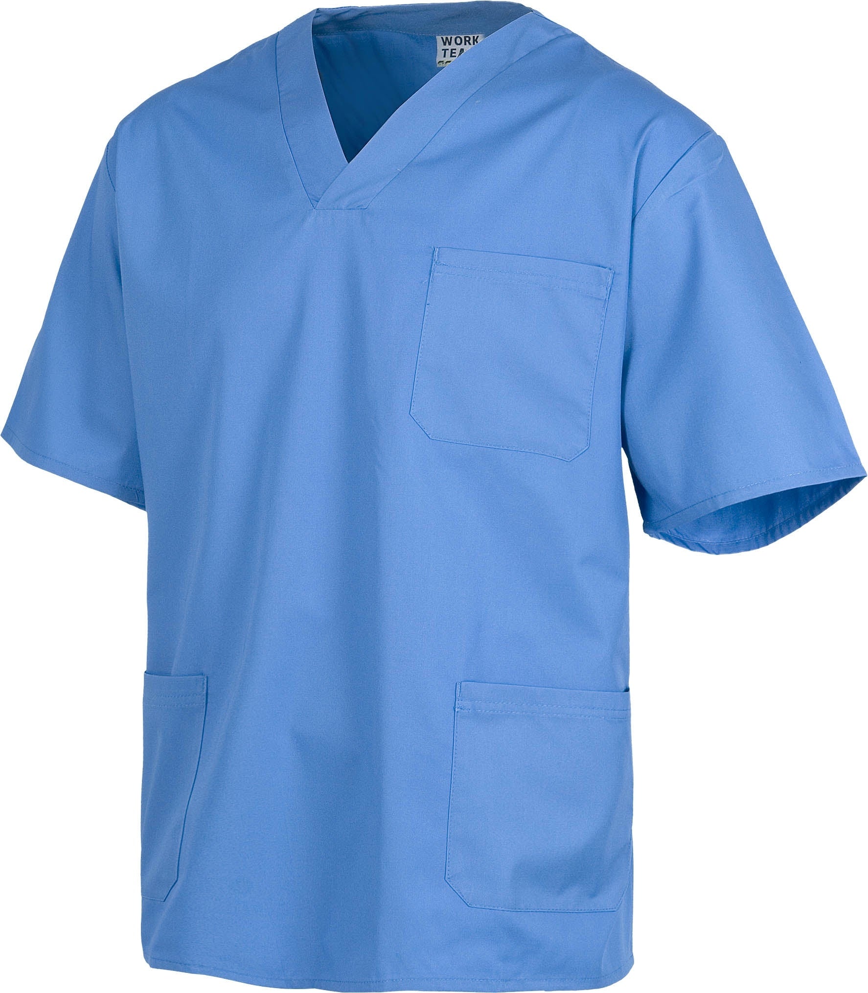 Casaca sanitario cuello de pico manga corta. Un bolsillo de pecho, dos bolsillos bajos. WTB9200