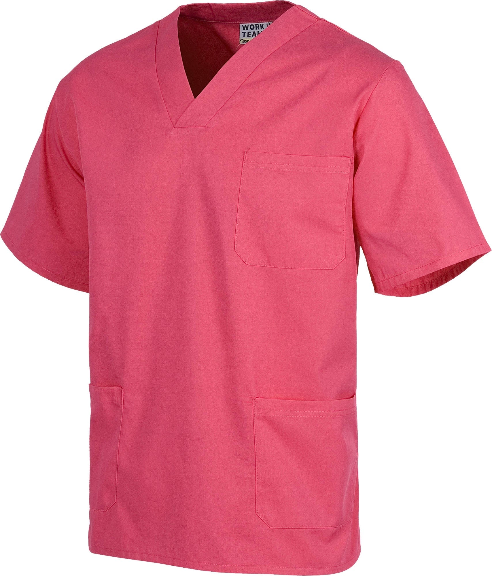 Casaca sanitario cuello de pico manga corta. Un bolsillo de pecho, dos bolsillos bajos. WTB9200