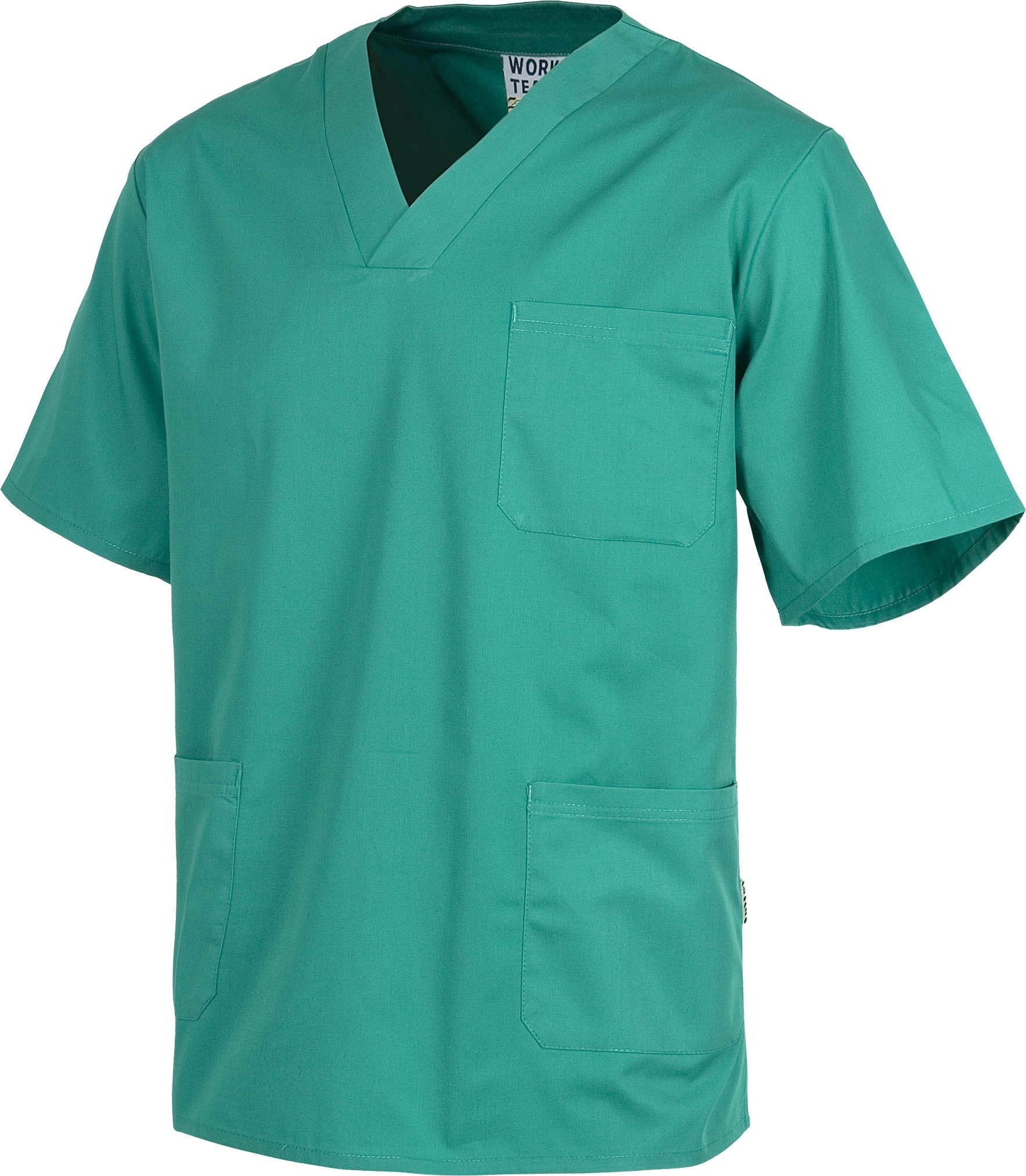 Casaca sanitario cuello de pico manga corta. Un bolsillo de pecho, dos bolsillos bajos. WTB9200