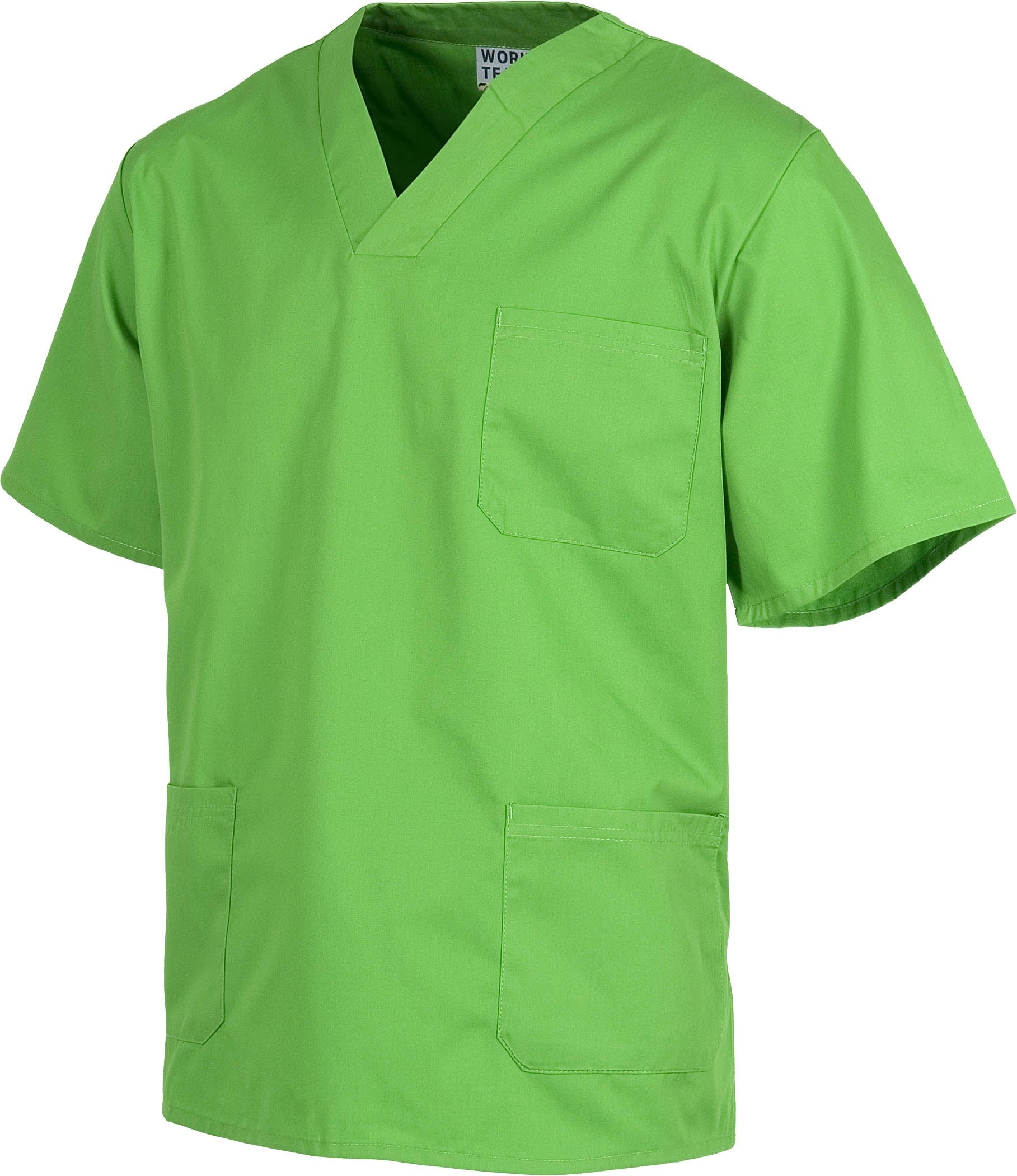 Casaca sanitario cuello de pico manga corta. Un bolsillo de pecho, dos bolsillos bajos. WTB9200