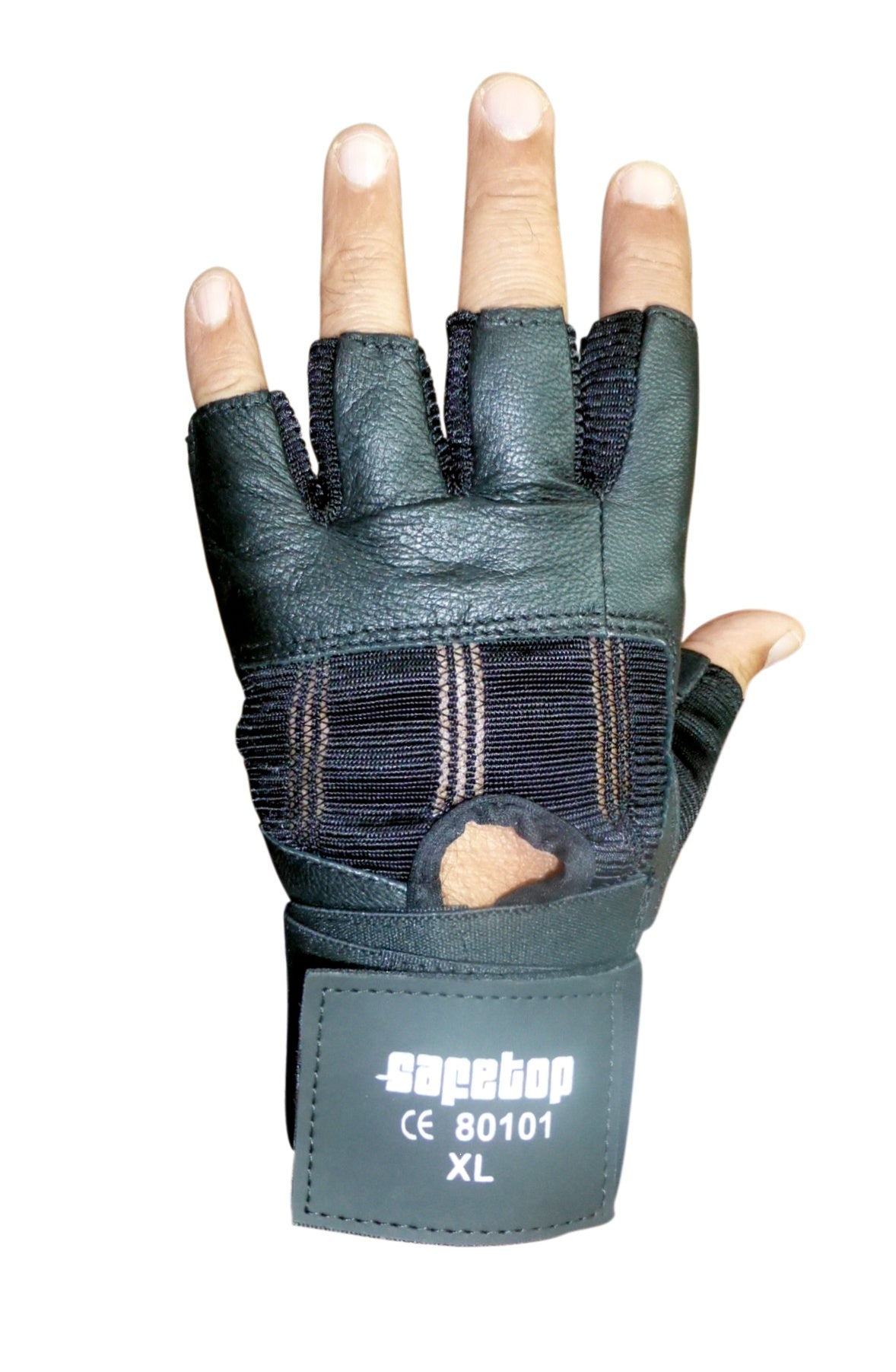 Guante de medios dedos con ajuste de velcro en la muñeca y acolchado en la palma.