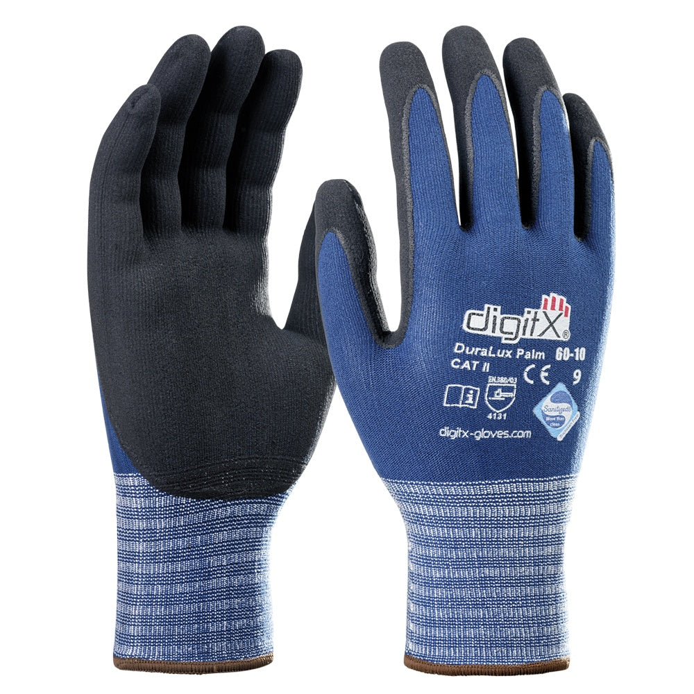 Guantes sin costuras de nylon y lycra, con nitrilo en palma. Dorso aireado