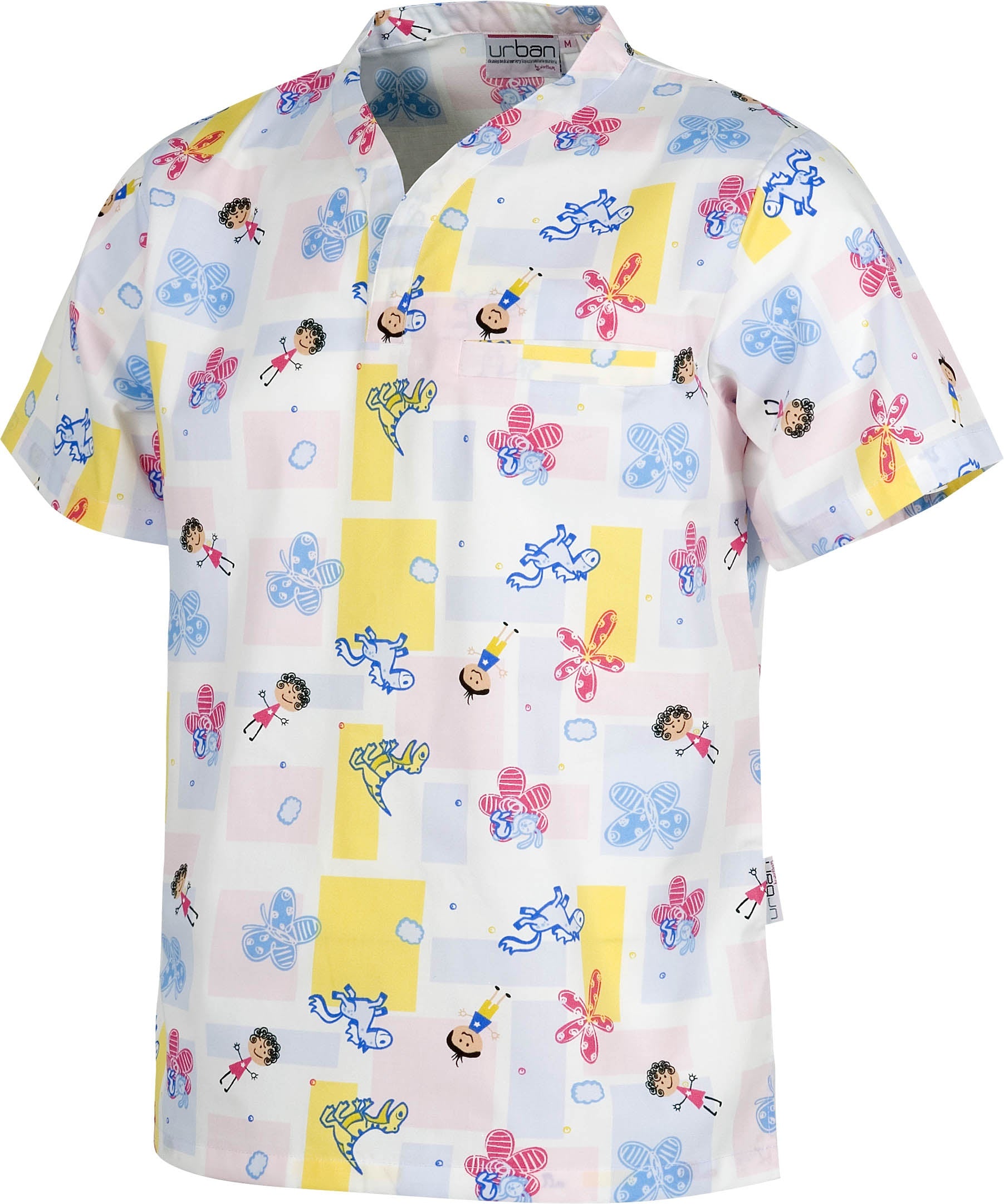 Casaca de manga corta y cuello de pico con un bolso de pecho