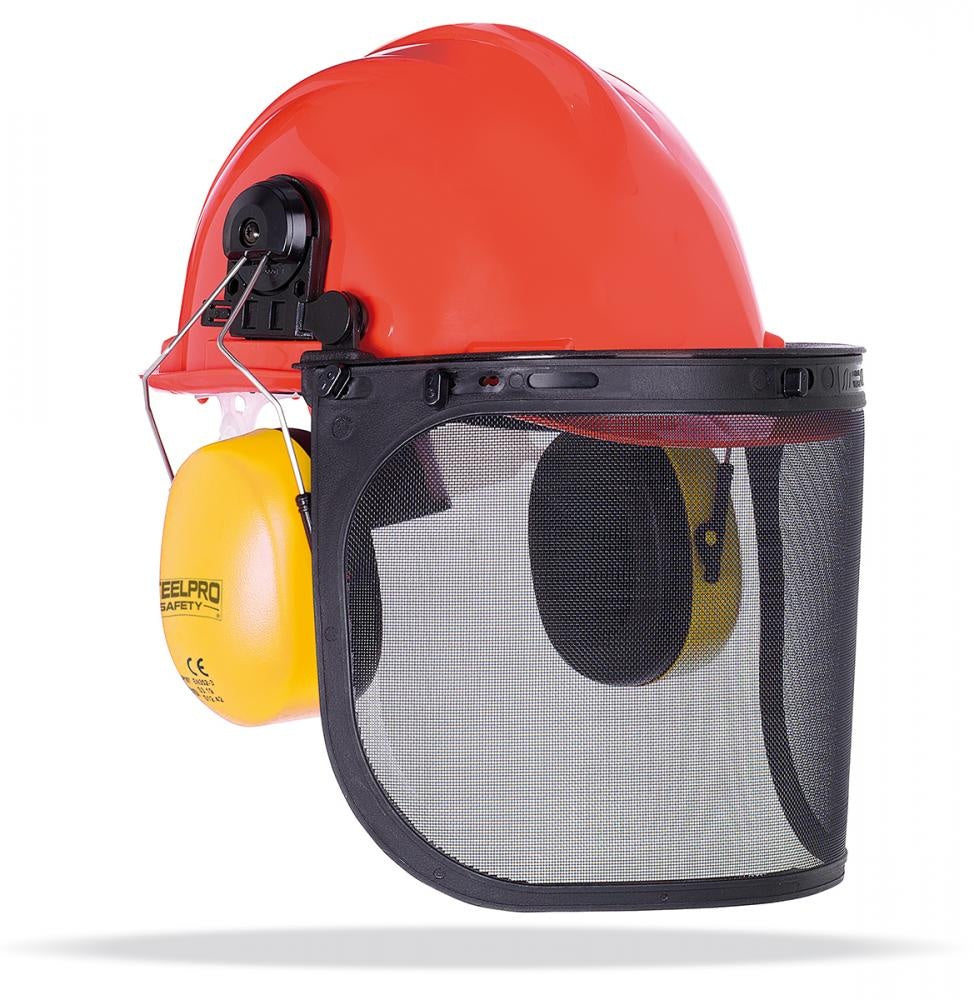 Kit forestal compuesto por casco, orejeras y pantalla