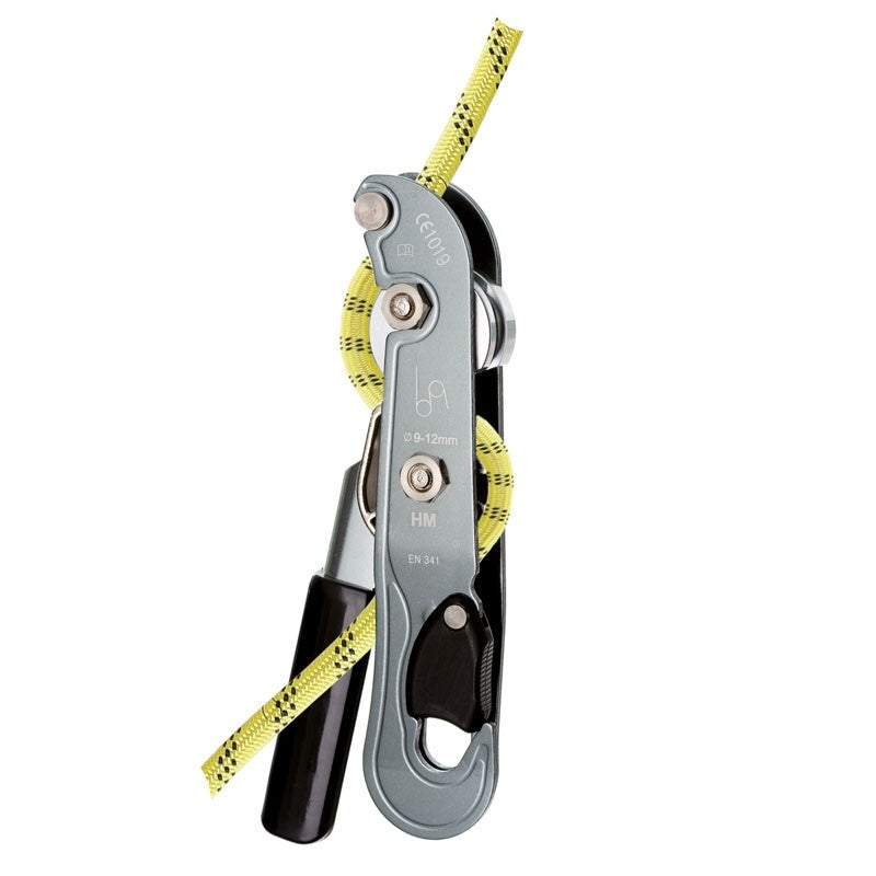 Descensor antipánico para trabajos en suspensión, con manivela 'stop control'