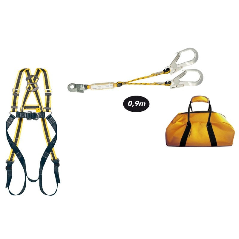 Kit anticaídas compuesto por arnés Sajama, doble cuerda, 3 mosquetones y mochila.