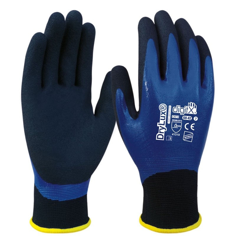 Guante bicapa de nitrilo azul impermeable y granulado DRYLUX ST60-42