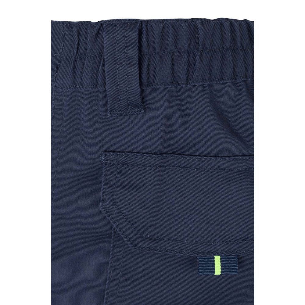 Calças multibolsos bicolores em tecido elástico