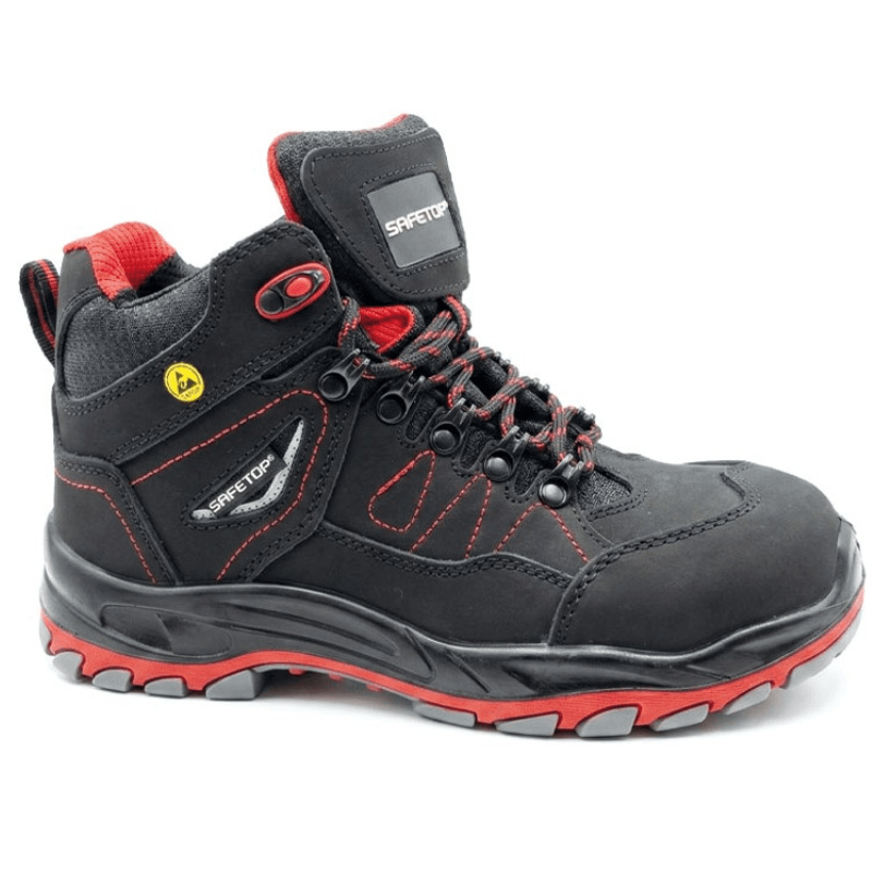 Bota ESD S3 em nobuck preto com reforço vermelho, sola HRO 300ºC – ERANDIO SAFETOP 248