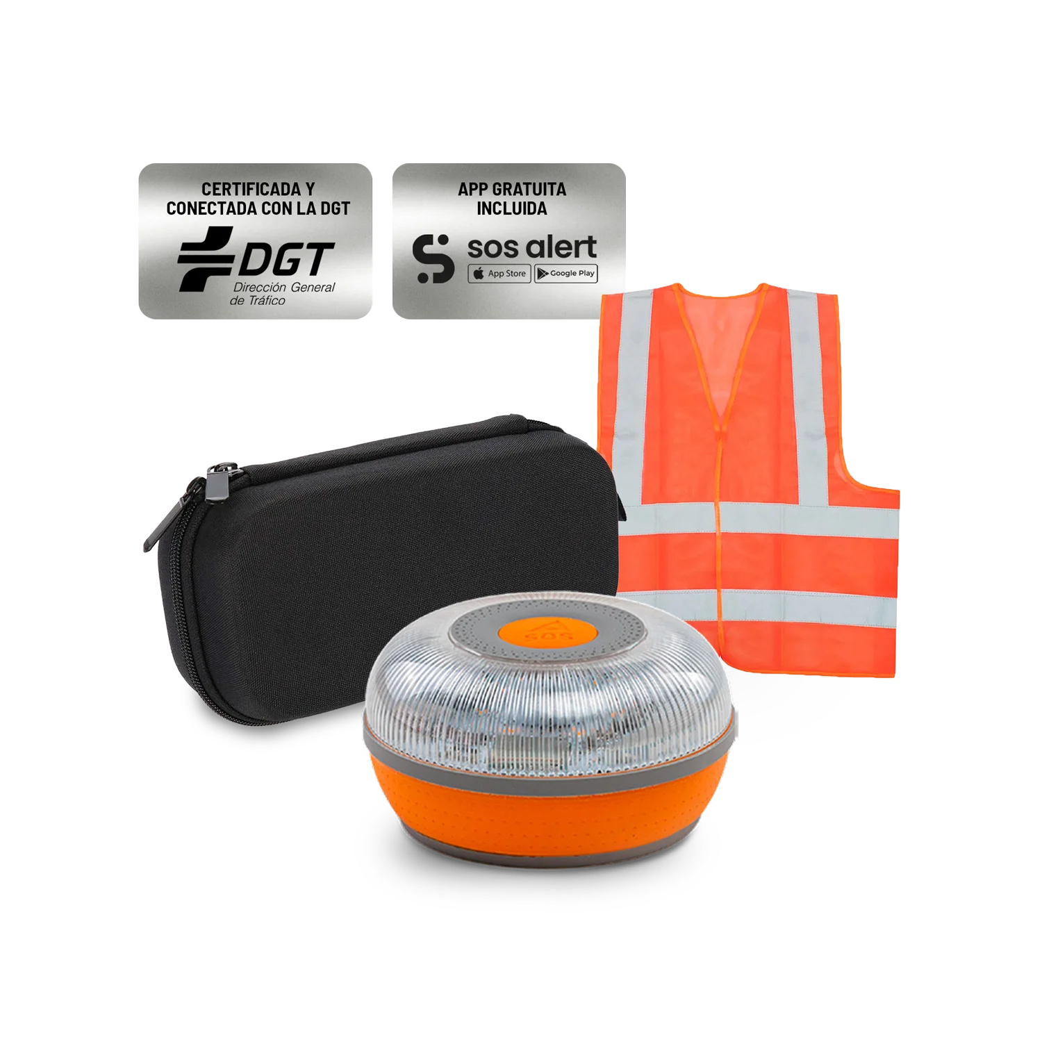 Kit de Emergência na Estrada - FlashLED SOS V16 + Colete Homologado + Bolsa de Transporte